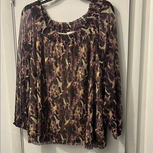 Brown and Black Ruffled Long Sleeve Blouse
